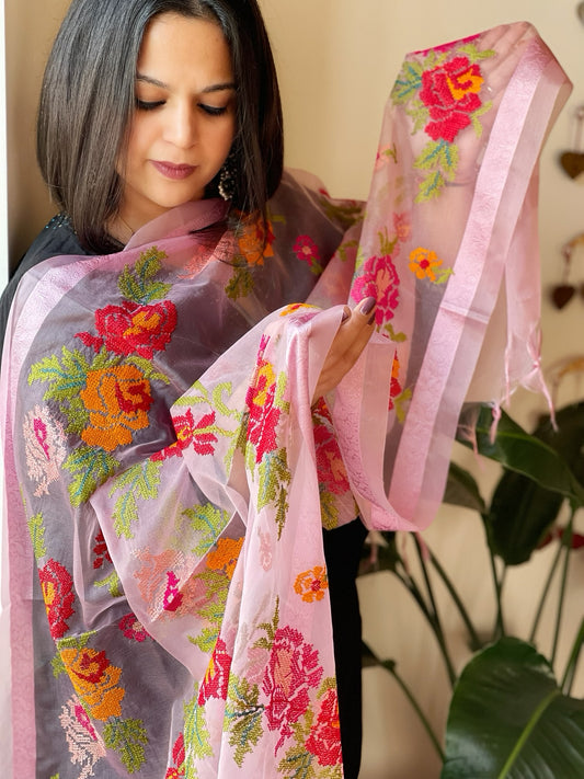 Pink Organza Dupatta with cross-stitch embroidery