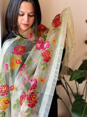 Lime Yellow Organza Dupatta with cross-stitch embroidery