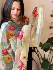 Lime Yellow Organza Dupatta with cross-stitch embroidery