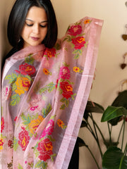 Peachish Pink Organza Dupatta with cross-stitch embroidery