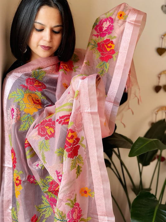 Peachish Pink Organza Dupatta with cross-stitch embroidery