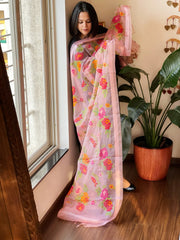 Peachish Pink Organza Dupatta with cross-stitch embroidery