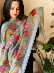 Greyish Blue Organza Dupatta with cross-stitch embroidery