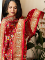 Red Handwoven Ikat Patola with Gotapatti & Pearl Handwork dupatta in Pure Silk