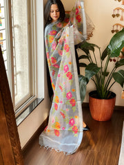 Greyish Blue Organza Dupatta with cross-stitch embroidery