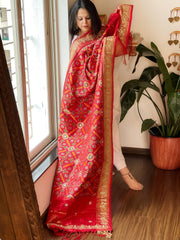 Red Handwoven Ikat Patola with Gotapatti & Pearl Handwork dupatta in Pure Silk
