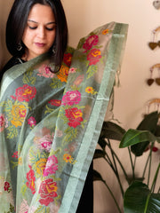 Dusty Green Organza Dupatta with cross-stitch embroidery