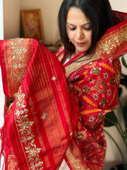 Red Handwoven Ikat Patola with Gotapatti & Pearl Handwork dupatta in Pure Silk