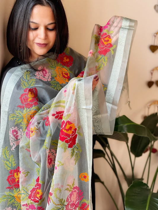 Greenish Grey Organza Dupatta with cross-stitch embroidery