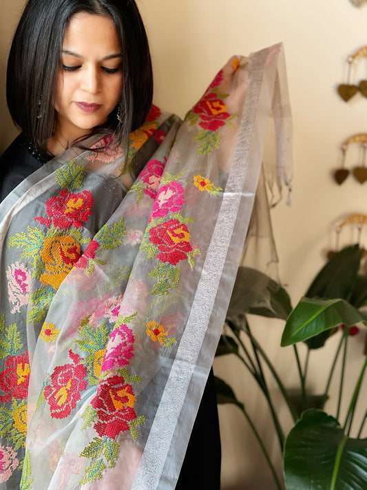 Grey Organza Dupatta with cross-stitch embroidery