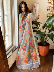 Grey Organza Dupatta with cross-stitch embroidery