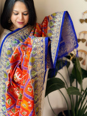 Orange Handwoven Ikat Patola with Gotapatti & Pearl Handwork dupatta in Pure Silk