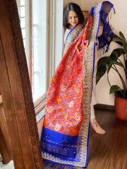 Orange Handwoven Ikat Patola with Gotapatti & Pearl Handwork dupatta in Pure Silk