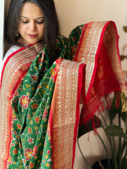 Green Handwoven Ikat Patola with Gotapatti & Pearl Handwork dupatta in Pure Silk