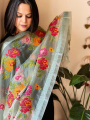 Aqua Green Organza Dupatta with cross-stitch embroidery