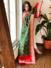 Green Handwoven Ikat Patola with Gotapatti & Pearl Handwork dupatta in Pure Silk