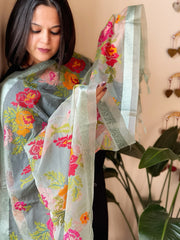 Aqua Green Organza Dupatta with cross-stitch embroidery