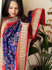 Blue Handwoven Ikat Patola with Gotapatti & Pearl Handwork dupatta in Pure Silk