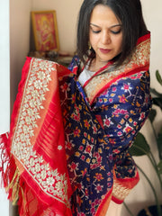 Blue Handwoven Ikat Patola with Gotapatti & Pearl Handwork dupatta in Pure Silk
