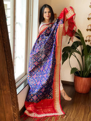 Blue Handwoven Ikat Patola with Gotapatti & Pearl Handwork dupatta in Pure Silk