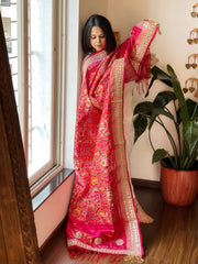 Orange, Pink Handwoven Ikat Patola with Gotapatti & Pearl Handwork dupatta in Pure Silk