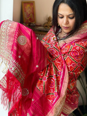 Orange, Pink Handwoven Ikat Patola with Gotapatti & Pearl Handwork dupatta in Pure Silk