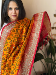 Yellow Handwoven Ikat Patola with Gotapatti & Pearl Handwork dupatta in Pure Silk