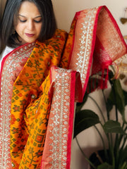 Yellow Handwoven Ikat Patola with Gotapatti & Pearl Handwork dupatta in Pure Silk