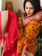Yellow Handwoven Ikat Patola with Gotapatti & Pearl Handwork dupatta in Pure Silk