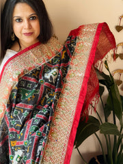 Black Handwoven Ikat Patola with Gotapatti & Pearl Handwork dupatta in Pure Silk