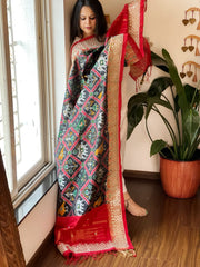 Black Handwoven Ikat Patola with Gotapatti & Pearl Handwork dupatta in Pure Silk