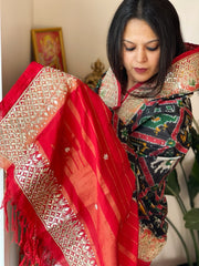 Black Handwoven Ikat Patola with Gotapatti & Pearl Handwork dupatta in Pure Silk