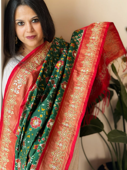 Green Handwoven Ikat Patola with Gotapatti & Pearl Handwork dupatta in Pure Silk