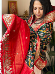 Deep Green Handwoven Ikat Patola with Gotapatti & Pearl Handwork dupatta in Pure Silk
