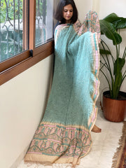 Aqua Green Rai Bandhej Dupatta with Kantha Handwork in Pure Munga Tussar Silk