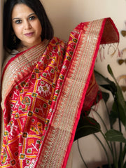 Orange Handwoven Ikat Patola with Gotapatti & Pearl Handwork dupatta in Pure Silk