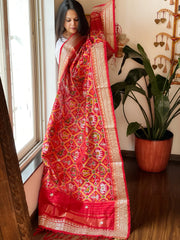 Orange Handwoven Ikat Patola with Gotapatti & Pearl Handwork dupatta in Pure Silk