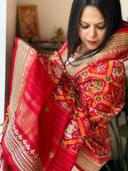 Orange Handwoven Ikat Patola with Gotapatti & Pearl Handwork dupatta in Pure Silk