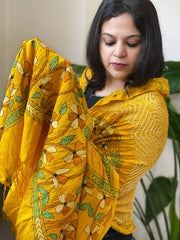 Yellow Rai Bandhej Dupatta with Kantha Handwork in Pure Munga Tussar Silk