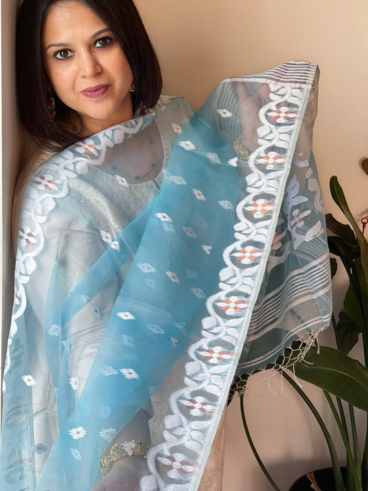 Dark Aqua Blue Handwoven Jamdani Dupatta in Pure Muslin