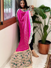 Rani Pink Rai Bandhej Dupatta with Kantha Handwork in Pure Munga Tussar Silk