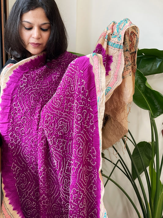 Purple Rai Bandhej Dupatta with Kantha Handwork in Pure Munga Tussar Silk