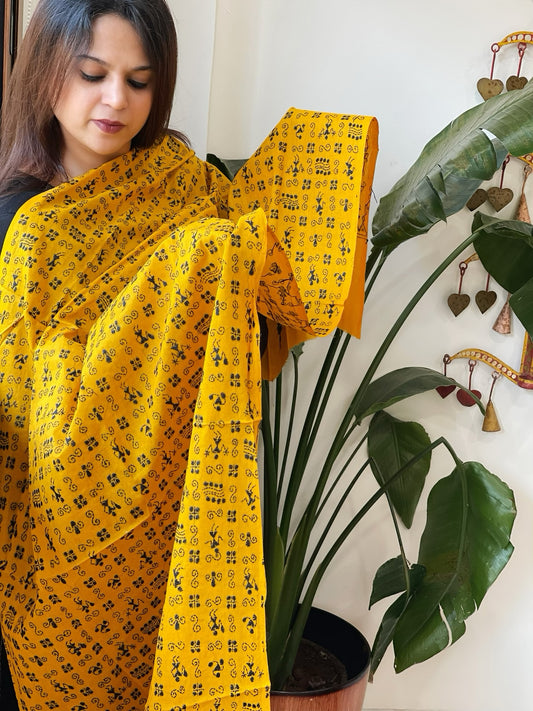 Yellow Handmade Kantha Dupatta in Pure Cotton