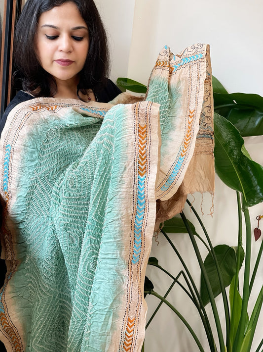 Aqua Green Rai Bandhej Dupatta with Kantha Handwork in Pure Munga Tussar Silk