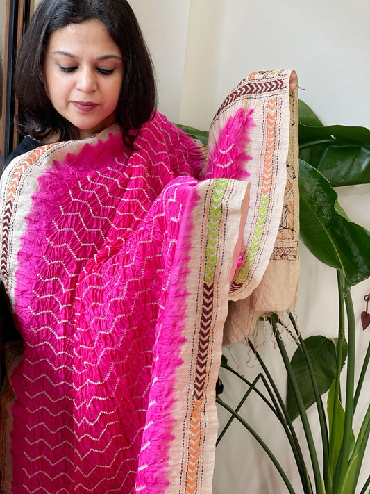 Hot Pink Rai Bandhej Dupatta with Kantha Handwork in Pure Munga Tussar Silk