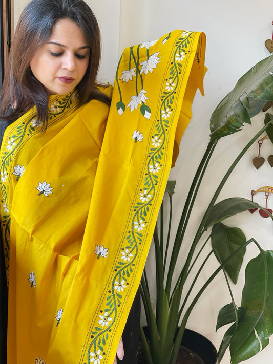 Yellow Handmade Kantha Dupatta in Pure Cotton