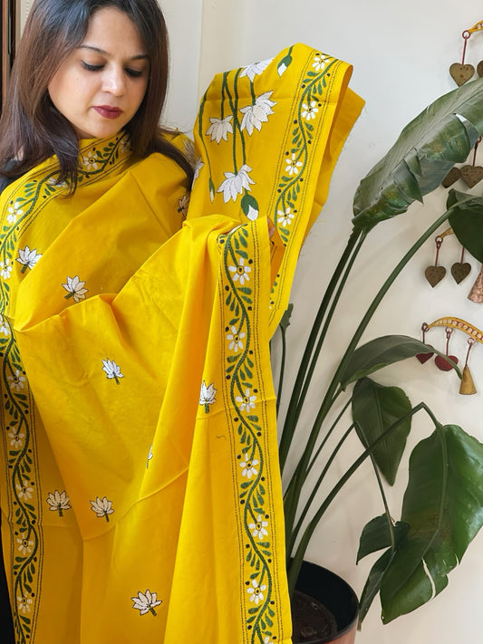 Yellow Handmade Kantha Dupatta in Pure Cotton