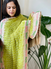 Parrot Green Rai Bandhej Dupatta with Kantha Handwork in Pure Munga Tussar Silk