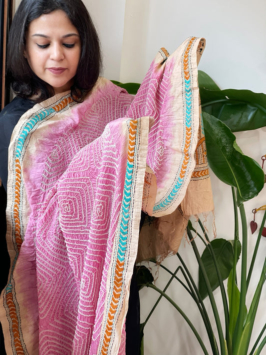 Lite Pink Rai Bandhej Dupatta with Kantha Handwork in Pure Munga Tussar Silk
