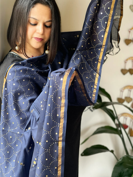 Blue Mukaish Handwork Dupatta on Pure Chanderi Silk